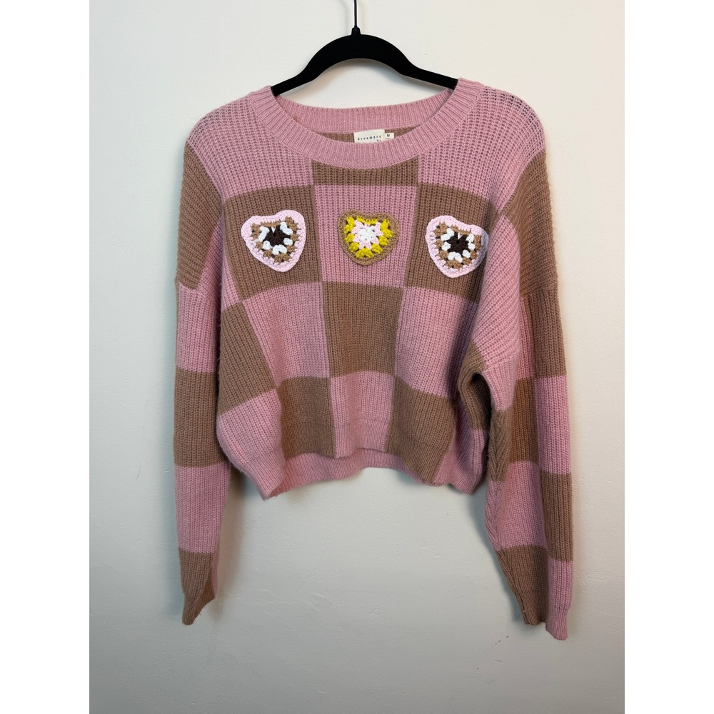 Dreamers by Debut Sweater M Pink Brown Checkered Heart Cropped Cottagecore